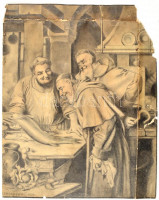 Kirchhoff K. 1932 jelzéssel: Kiváncsi szerzetesek. Grafit, papír, sérült, hiányokkal, 36×30,5 cm