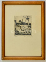 Komjáti-Wanyerka Gyula (1894-1958): Ökrös szekér. Rézkarc, papír, jelzett, üvegezett keretben, 10×9,5 cm