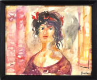 Kondor jelzéssel: Női portré. Akvarell, papír, üvegezett fa keretben, 24x30 cm