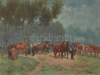 Krupka Ferenc (1870-1928): Lóvásár. Olaj, vászon, jelzett és datált (Krupka 1925), enyhén sérült. Díszes, sérült keretben, 60×80 cm