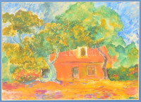 Major jelzéssel: Ház fákkal, olaj, papír, paszpartuban, üvegezett fa keretben, 23,5×30,5 cm