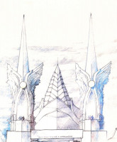 Makovecz Imre (1935-2011): Épületterv. Print, papír. Jelzett. 19x29 cm