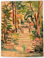 Matskássy Éva (?-?): Kert. Akvarell, papír, jelzett, bal alsó sarka sérült, 39x29,5 cm