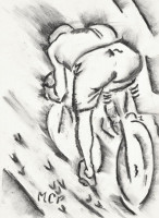 MCP jelzéssel: Kerékpáros. Szén, papír. 40,5x29,5 cm