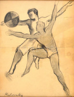 Medveczky jelzéssel: Mozgásban. Szén, papír, sérült, üvegezett fa keretben, 36,5x29 cm