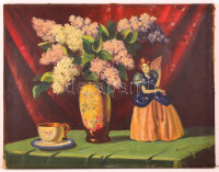 Mérey László (?-?):  Virágcselédet figurával. Olaj, vászon (lyukas), jelzett, 53×69 cm