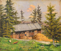 Nowinszky Jenő (1884-?): Menedékház. Olaj, karton, jelzett, 26×31,5 cm