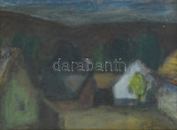 Pap Géza jelzéssel: Faluszéle. Olaj, karton, jelzett, üvegezett keretben, 22×31 cm