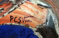 PCSVm jelzéssel: Cím nélkül: Olaj, karton, keretben, 25×15 cm