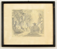 Péntek András (?-?): Juhászok (vázlat). Ceruza, papír, üvegezett keretben, 15×17 cm