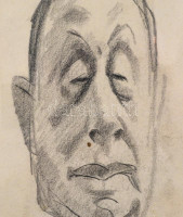 Pólya Tibor (1886-1937): Gerő Ödön műkritikus portréja. Ceruza, papír, jelzett, kasírozva, hátoldalán feliratozott, üvegezett fa keretben. Gerő Ödön (1863-1939) újságíró, műkritikus, író többek közt a Pesti Hírlap, a Magyar