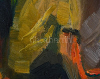 Rácz András (1926-2013): Kohászok. Olaj, farost, jelzés nélkül, 46,5x60,5 cm