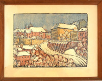 Réti Mátyás (1922-2002): Eger. Színes linómetszet, papír, jelzett, üvegezett fa keretben, lap széle foltos, metszet ép, 25×34,5 cm