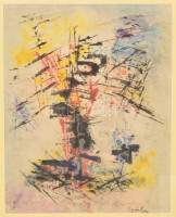 Rosie Rey (?-?): Absztrakt, vegyes technika, papír, jelzett, paszpartuban, üvegezett fa keretben, 33×26,5 cm