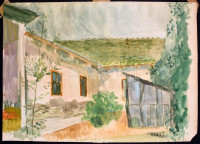 Rozs J. jelzéssel: Udvar. Akvarell, papír, sérült (szakadt, hiányos), hátoldalán ragasztás nyomaival, 35x50 cm