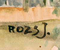 Rozs J. jelzéssel: Udvar. Akvarell, papír, sérült (szakadt, hiányos), hátoldalán ragasztás nyomaival, 35x50 cm