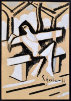 Scheiber jelzéssel: Padon. Lavírozott tus, fedőfehér, papír, 30,5×21 cm