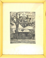 Scultéty Éva (1917-2001): Királyfürdő (8/100). Rézkarc, papír, jelzett, üvegezett keretben, 28×24 cm