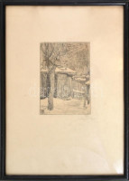 Somlai Gyula (1913 - 1945): Kertkapu, Rézkarc, papír. Jelzett. 15x10 cm Üvegezett keretben.