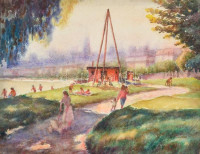 Sostarics Lajos (1896-1968): Budapest, Óbudai Duna-part. Akvarell, papír, jelzés nélkül, 24×32 cm