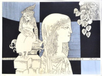 Szász Endre (1926-2003): Az öregség szobra. Szitanyomat, papír, jelzett, számozott (100/20), üvegezett fa keretben, 29,5x41,5 cm