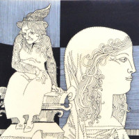 Szász Endre (1926-2003): Az öregség szobra. Szitanyomat, papír, jelzett, számozott (100/20), üvegezett fa keretben, 29,5x41,5 cm