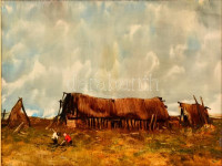 Szegvári Károly(1920-2002): Tanya. Olaj, farost, jelzés nélkül, keretben, 30×40 cm