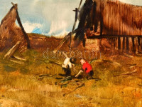 Szegvári Károly(1920-2002): Tanya. Olaj, farost, jelzés nélkül, keretben, 30×40 cm