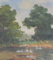 Szentpály Zoltán (?-?): Vízpart libákkal (1930 körül). Olaj, falemez, jelzett, üvegezett sérült, régi keretben, hátoldalán Rozsnyai Károly könyv- és zeneműkereskedése címkéjével, 13,5×18,5 cm