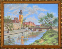 Szittya Horváth Lajos (1883-1960): Karmelita templom Győr, 1949. Pasztell, papír. jelzett, hátoldalán az alkotó tanácsadásaival pasztellfestmények gondozásáról és megőrzéséről. Üvegezett, díszes fa keretben, 25,5x35,5 cm