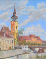 Szittya Horváth Lajos (1883-1960): Karmelita templom Győr, 1949. Pasztell, papír. jelzett, hátoldalán az alkotó tanácsadásaival pasztellfestmények gondozásáról és megőrzéséről. Üvegezett, díszes fa keretben, 25,5x35,5 cm