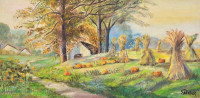 Sztelek jelzéssel: Szénabálák. Olaj, karton, kereten, 24×49 cm