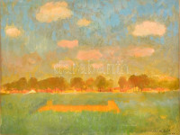 Tóth B László (1906-1981): Kilátás a túlsó partra. Gouache, papír, jelzett, üvegezett keretben, 23×31 cm