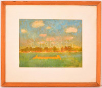 Tóth B László (1906-1981): Kilátás a túlsó partra. Gouache, papír, jelzett, üvegezett keretben, 23×31 cm