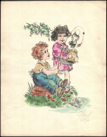 Törei L (?) 1947 jelzéssel: Pecázó gyerekek. Akvarellel színezett litográfia, papír, ca. 25x19 cm