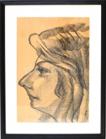 V jelzéssel: Női portré. Szén, papír, üvegezett keretben, 28,5x19,5 cm