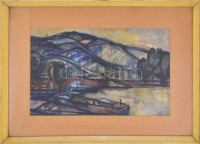 Vágfalvi Ottó (1925-2015): Folyópart hajókkal (Duna?). Vegyes technika, papír, jelzett, üvegezett keretben, 28×44 cm