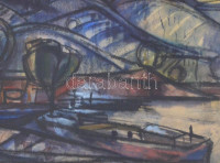 Vágfalvi Ottó (1925-2015): Folyópart hajókkal (Duna?). Vegyes technika, papír, jelzett, üvegezett keretben, 28×44 cm
