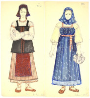 Vágvölgyi Ilona (1940-?): Össz. 21 db jelmezterv Tolsztoj: A sötétség hatalma c. darabhoz, Déryné Színház, 1974. Vegyes technika, papír. Lapméret: 60x26 cm.