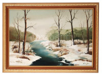 Verebényi Tibor: Téli patak. Olaj, farost, jelzett, keretben, 38x60 cm