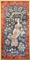 Vén Edit (1937-): Kosaras lány. Zománcfesték, kerámia, hátoldalán jelzett, keretben, 45×15 cm