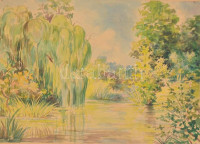 Vigh jelzéssel: Tóparti fák. Akvarell, papír, kartonra kasírozva, keretben 30,5×43 cm