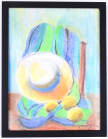 Vörös jelzéssel: Gyümölcsös-kalapos csendélet. Kréta, papír, keretben, 39×29 cm