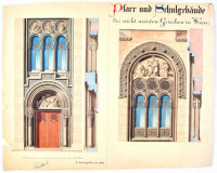 1866 Wittinghoff Evald (1826-1882): Bécs, a nem egyesült görögök iskolájának épülete. Ceruza, papír, jelzett / Vienna, the non unified Greek's schoolbuilding. Pencil, paper, signed. 43x51 cm