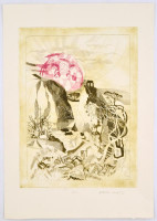 Zala Tibor (1920-2004): Mitológiai jelenet. Színes rézkarc, papír, jelzett, művészpéldány E.A. 40×29,5 cm