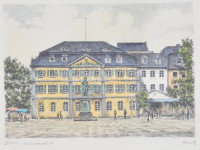 Olvashatatlan jelzéssel: Bonn Münsterplatz. Színezett rézkarc, papír, jelzett, üvegezett keretben, 14×20 cm