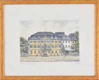 Olvashatatlan jelzéssel: Bonn Münsterplatz. Színezett rézkarc, papír, jelzett, üvegezett keretben, 14×20 cm