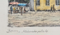 Olvashatatlan jelzéssel: Bonn Münsterplatz. Színezett rézkarc, papír, jelzett, üvegezett keretben, 14×20 cm