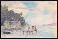 Olvashatatlan jelzéssel: Strandolók a Balatonon. Ceruza, papír, datált (945), 22×33 cm