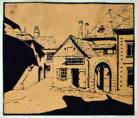 Olvashatatlan jelzéssel: Utcarészlet (Óbuda?). Fametszet, papír, papírra kasírozva, 3. pr. nyomat, 23,5x27,5 cm